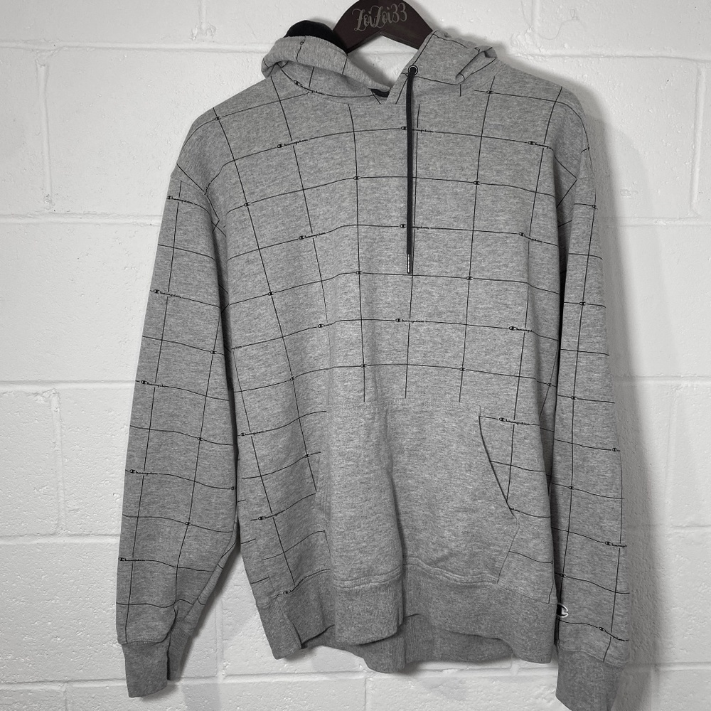 Champion Gray with Black Windowpane Stripes Hoodie with Kangaroo Pockets